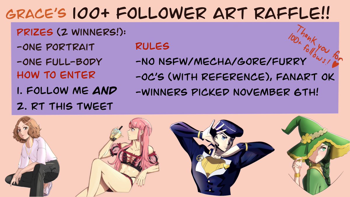 ⚡️100 FOLLOWER ART RAFFLE WOOO⚡️

✨Follow me and RT this tweet to enter
✨2 winners! One full-body, one portrait
✨Winners will be picked in 2 weeks! (Nov 6th)

Thanks again for 100 followers!! You guys are great 🥺❤️❤️