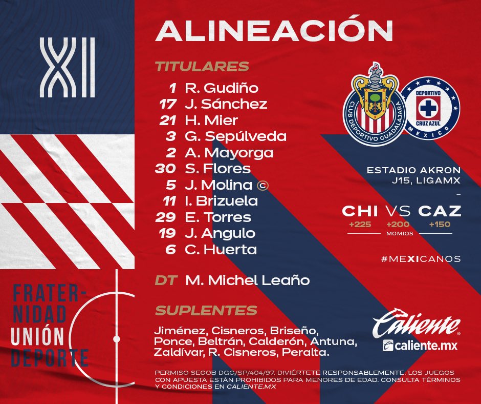 Chivas's tweet photo. 🇫🇷 ¡ESTA ES LA ALINEACIÓN DEL GUADALAJARA! 🇫🇷

¡Regístrate ahora en @calientesports y recibe $400 😯 para tu primera #ApuestaPorElRebaño! 📲

➡️ https://t.co/lW6iHG8HYM 🔥 https://t.co/Qah3aeOO87