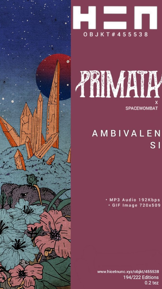 Primata &amp; Space Wombat collaborative work "Ambivalensi" is out now on HEN. Editions: 194/222. Collect for 0.2 tz: hicetnunc.xyz/objkt/455538

#PrimataXSpaceWombat #Ambivalensi #NFT #NFTCommunity #NFTartist #nftmusic