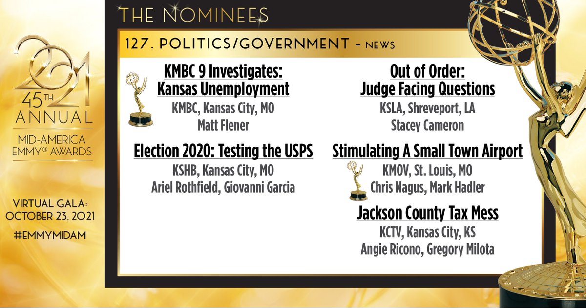 Another two winner category, this time in the Politics/Government-News category.  EMMY® Awards are given to Matt Flener, <a href="/KMBC/">KMBC</a>, and to Chris Nagus &amp; Mark Hadler from <a href="/KMOV/">KMOV</a>!  #EMMYMidAm