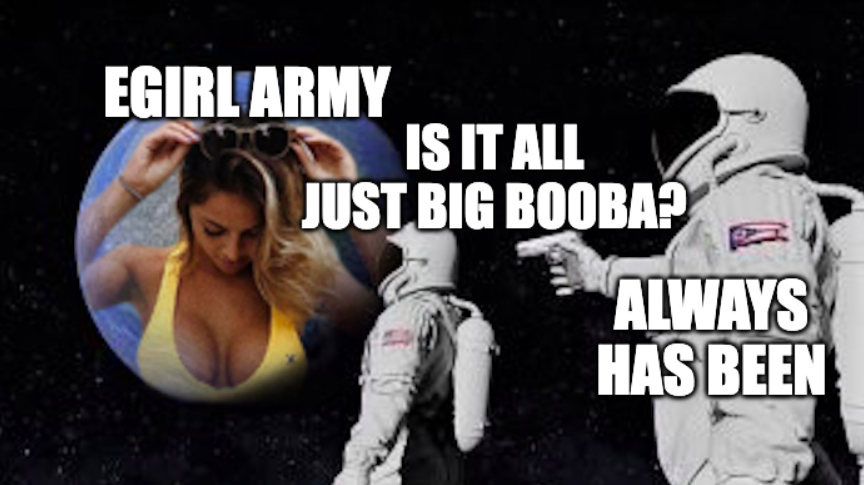 alphachad01's tweet photo. @eGirlArmy_HQ @DegenSpartan most effective attention theft is committed with big booba https://t.co/fdVzmZtW9z