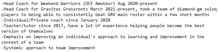 LFT Head/Assistant coach position for LCO 2022
s/shot provided below with experience

references available on request :)