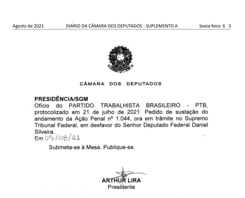 rjdouglasgomes's tweet photo. O presidente da Câmara Federal, deputado @ArthurLira_, está mantendo o deputado federal Daniel Silveira preso!
O prazo do pedido que o @ptb14 fez, venceu em 18/09/2021 e até hoje, Arthur Lira não analisou a sustação do processo do Daniel. https://t.co/RGw6iKvjbL