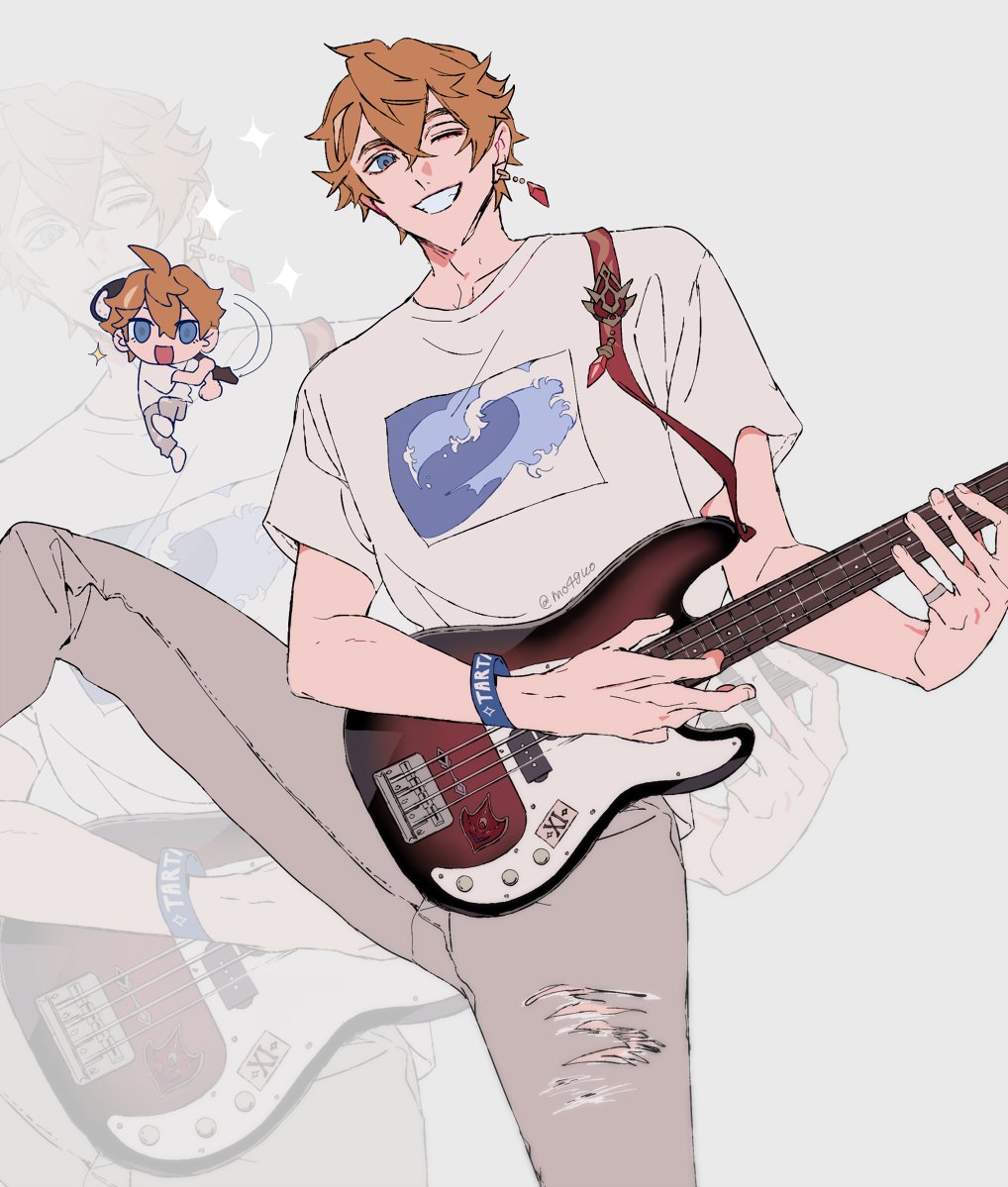 1boy instrument male focus guitar solo shirt white shirt  illustration images