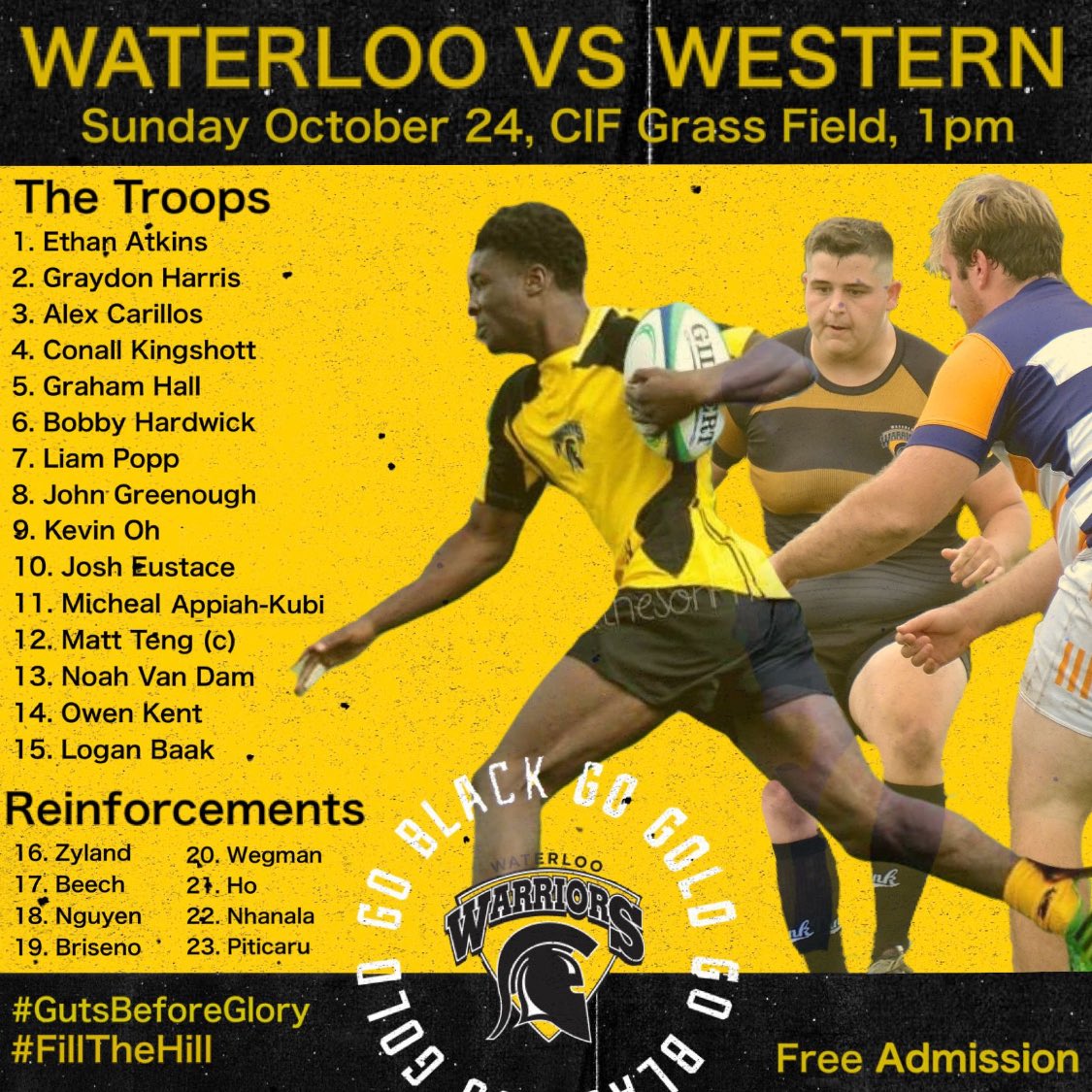 WlooMRug's tweet photo. The lineup for tomorrow’s season finale, come fill the Hill!

#FillTheHill #GutsBeforeGlory #GoBlackGoGold https://t.co/uNgzsfiPe6