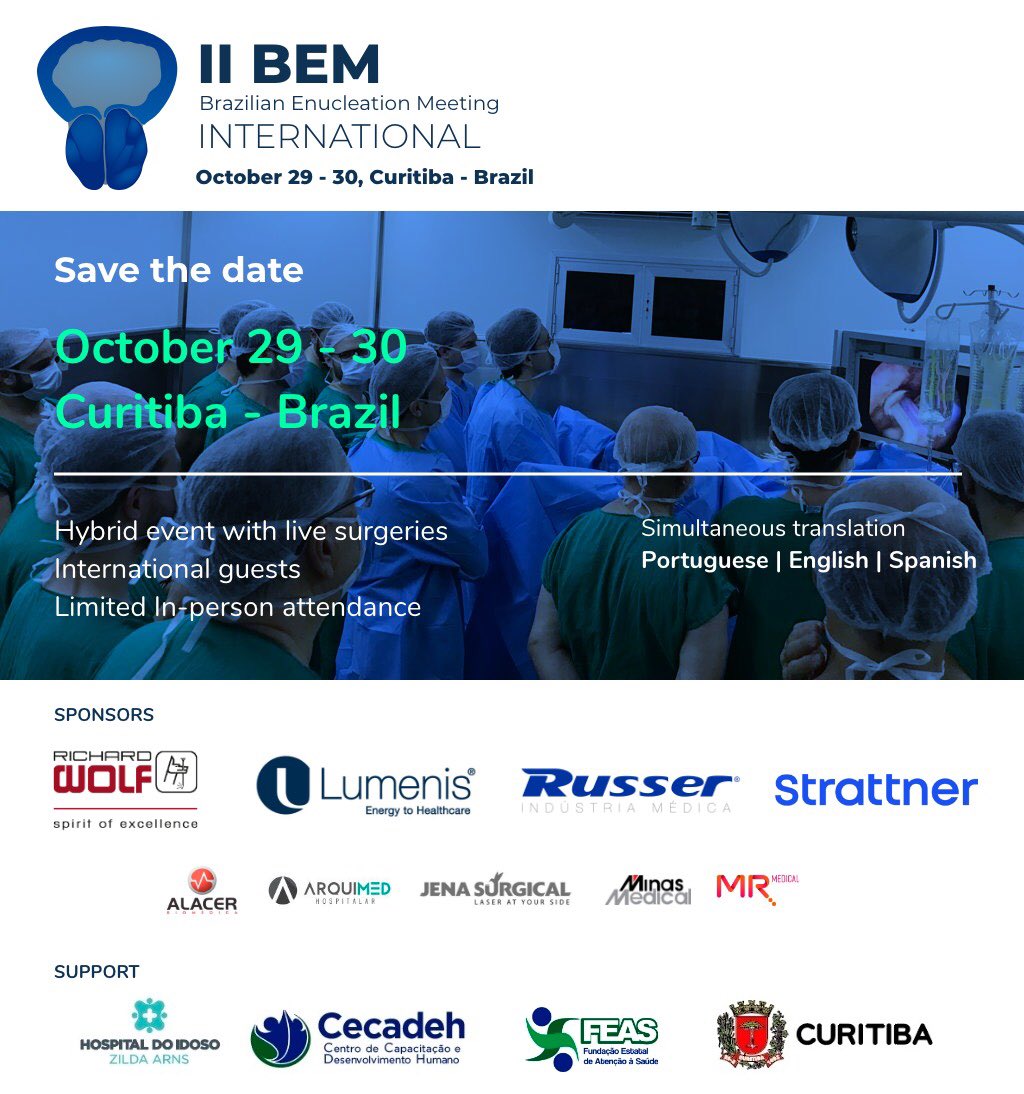 It's coming! II BEM, 6 live surgeries and worldwide renewned speakers

🇺🇸 <a href="/amy_krambeck/">Amy Krambeck</a>
🇪🇸 <a href="/fgomsan/">Fernando GomezSancha</a> 
🇩🇪🇨🇭 <a href="/trwherrmann/">Thomas RW Herrmann</a> 
🇦🇷 <a href="/MSGONZALEZURO/">Mariano Sebastian Gonzalez</a>
🇩🇪 <a href="/SeckerArmin/">Armin Secker</a>
🇨🇳 <a href="/chuikalun1/">Dr Chui Ka Lun 泌尿專科崔家倫醫生</a>
🇺🇾 <a href="/rodrigo_melogno/">Rodrigo Melogno</a>,Dr Raul

An honor to get involved. Hybrid event

👇👇👇
brazilianenucleationmeeting.com

#UroSoMe