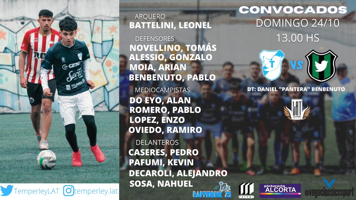 TemperleyLAT's tweet photo. 🎶 ¡Yo te vengo a ver, te vengo alentar!

⚽️ Temperley enfrenta a @nchicagolat mañana desde las 13:00 hs por la fecha N° 4️⃣ de la @LAT_ARG. 

🧢 Los jugadores convocados por @Danyelpanterab2, aquí en placa.

👊 #VamosNostros https://t.co/0beUme7qRz