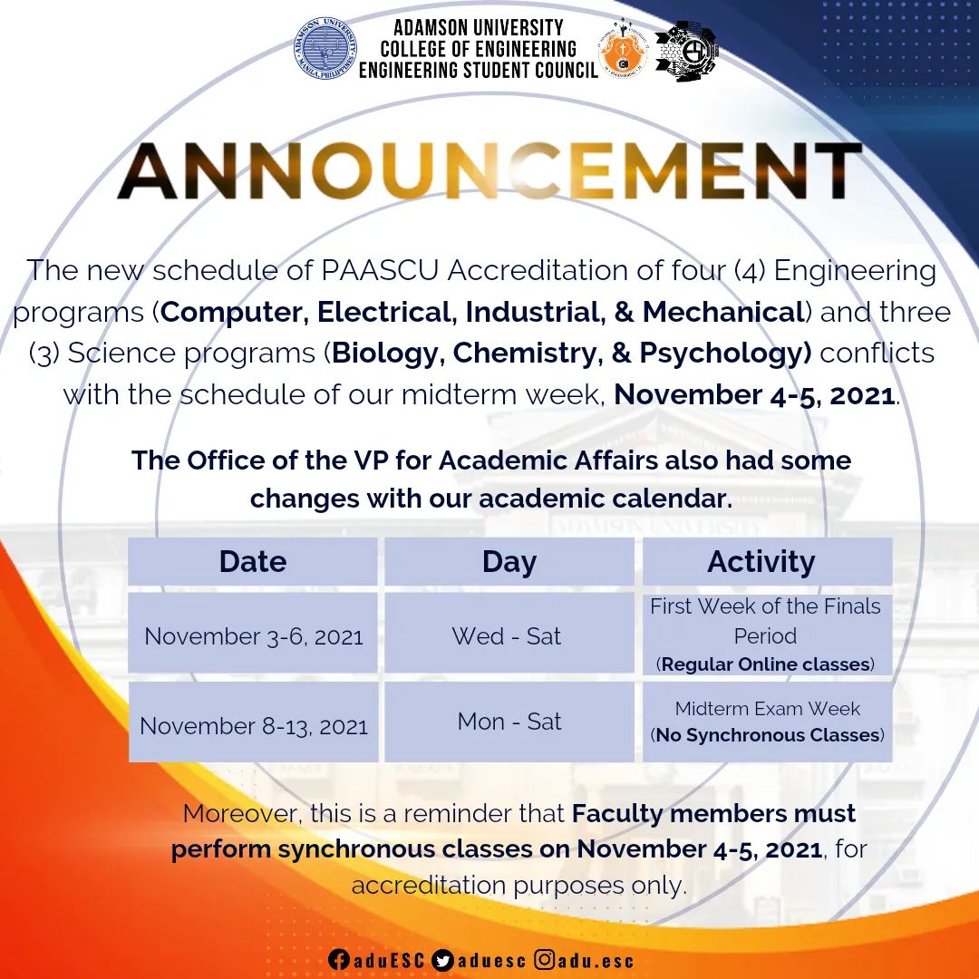 aduesc's tweet photo. #ESConnect
The Office of the VP for Academic Affairs announced the new schedule of the PAASCU Accreditation for selected programs.
Please be guided accordingly, klasmeyts!
#OneCOE
#ESCalate https://t.co/qKpA8ce5Vx