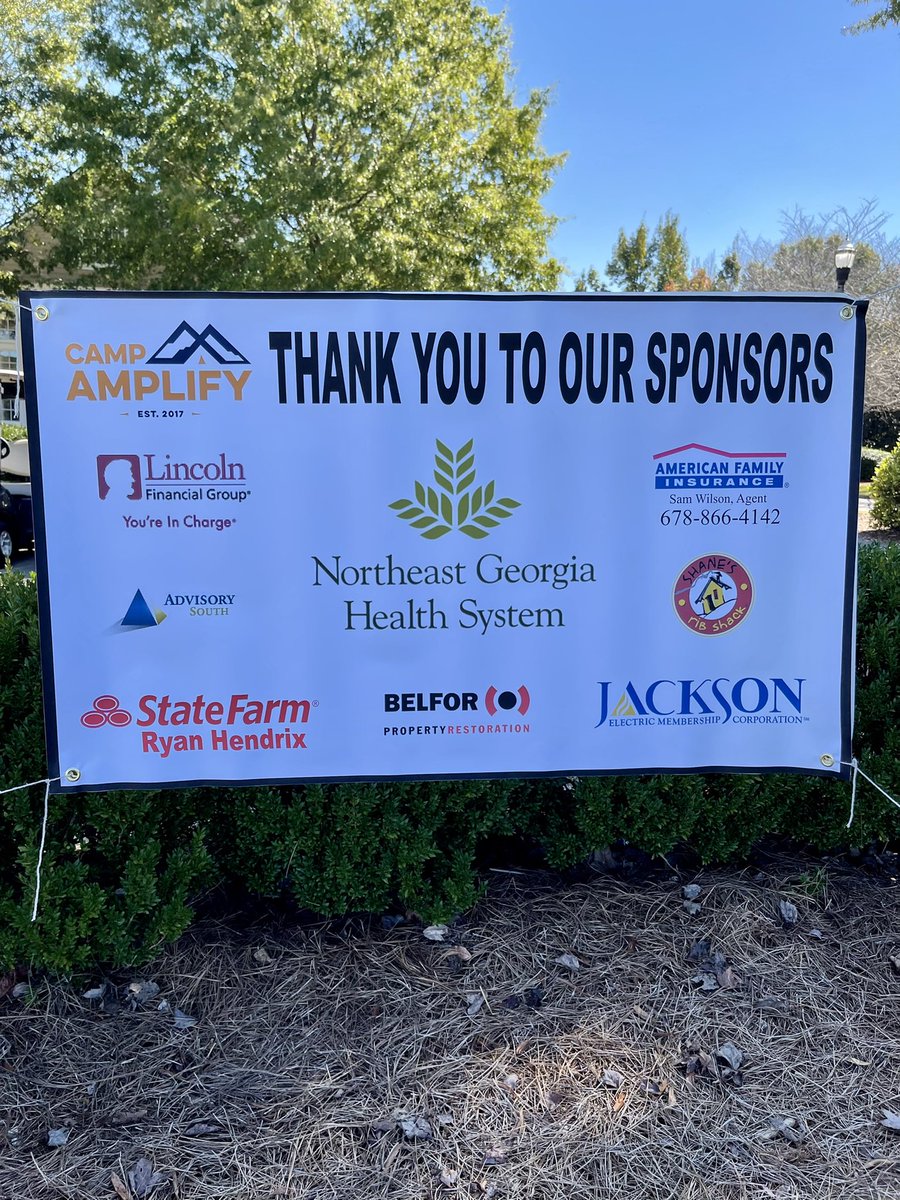 CampAmplify's tweet photo. A big thank you to all of our sponsors for our first Camp Amplify golf tournament. @RyanStateFarmGA @AdvisorySouth @JacksonEMC @BELFORGroup; Shane’s Rib Shack; Lincoln Financial Group; American Family, Sam Wilson; NEGA health system https://t.co/m8TL42HrlC