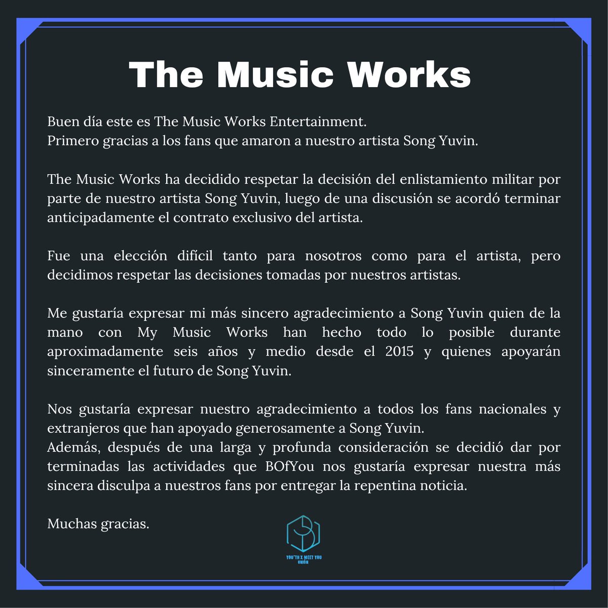MYTEENCOL's tweet photo. [Comunicado oficial]
Yuvin y Kookheon ya no hacen parte de la agencia The Music Works, después de una discusión sus contratos fueron terminados.

Yuvin decidió ingresar al servicio militar, mientras Kookheon participará del programa 'Cantante Nacional'. (+) https://t.co/0UJWqvcHOS