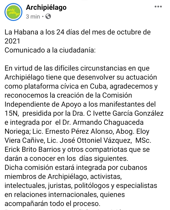 MagJorgeCastro's tweet photo. ⚠️⚠️Último minuto ⚠️⚠️

Anuncian desde @ArchipielagoCu el reconocimiento a la Comisión Independiente creada para apoyar los manifestantes del #15NCuba ante la represión que pudiera desatarse... la Comisión está integrada por prestigiosos juristas, politólogos y activistas👇🏻 https://t.co/YSeG0WVK8V