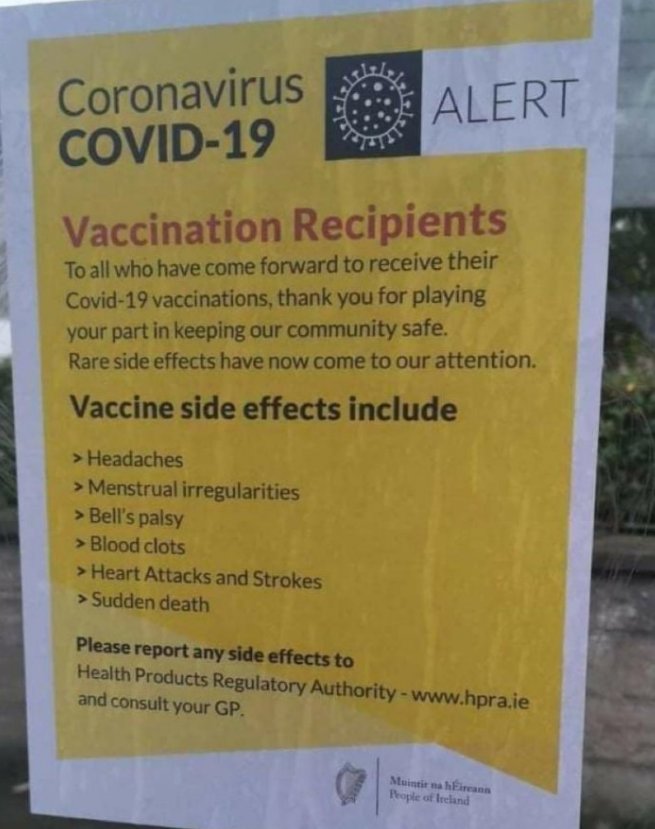 LauraLaLuna1's tweet photo. Now you can't say they didn't warn you 💉 
 #ClotShot #CovidVaxExposed #DdimerTest #BloodClotting  #Death #heartattack #Stroke #BellsPalsy #VaccineSideEffects #Ireland #CovidVaccinesideeffects #Plandemic #InformedConsent #Thrombocytopenia #DoNotComply #DIVOC #DepopulationAgenda https://t.co/hTLrLZAlw4