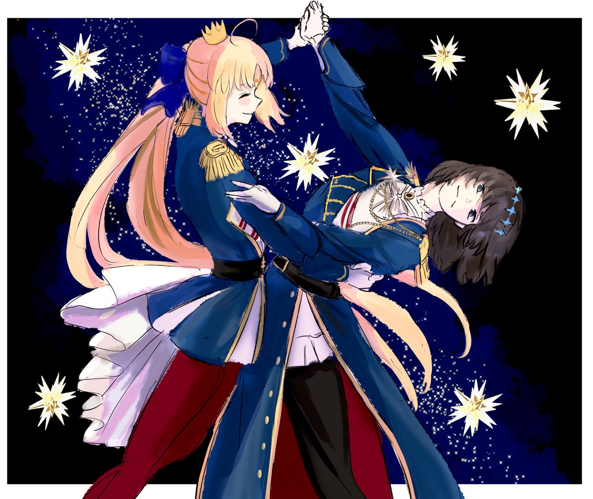 artoria caster (fate) ,artoria caster (second ascension) (fate) ,artoria pendragon (fate) 1girl 1boy dancing crown blonde hair gloves closed eyes  illustration images