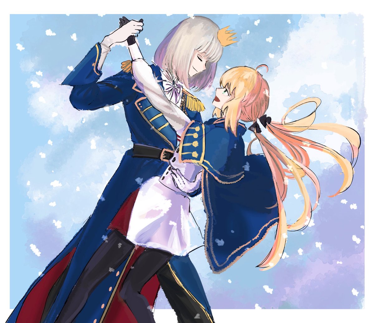 artoria caster (fate) ,artoria caster (second ascension) (fate) ,artoria pendragon (fate) 1girl 1boy dancing crown blonde hair gloves closed eyes  illustration images