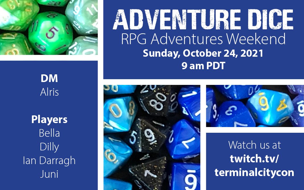 terminalcitycon's tweet photo. Join us live at 9 am PDT tomorrow for some D&D... as the Dragons!!
Watch at https://t.co/gZwP91VYCx
With DM Alris and players Bella, @Dwagoness, Ian from @NPD_DnD_Podcast, and @JuniRuiz. #AwSHUX https://t.co/rmB7cpZ1BD