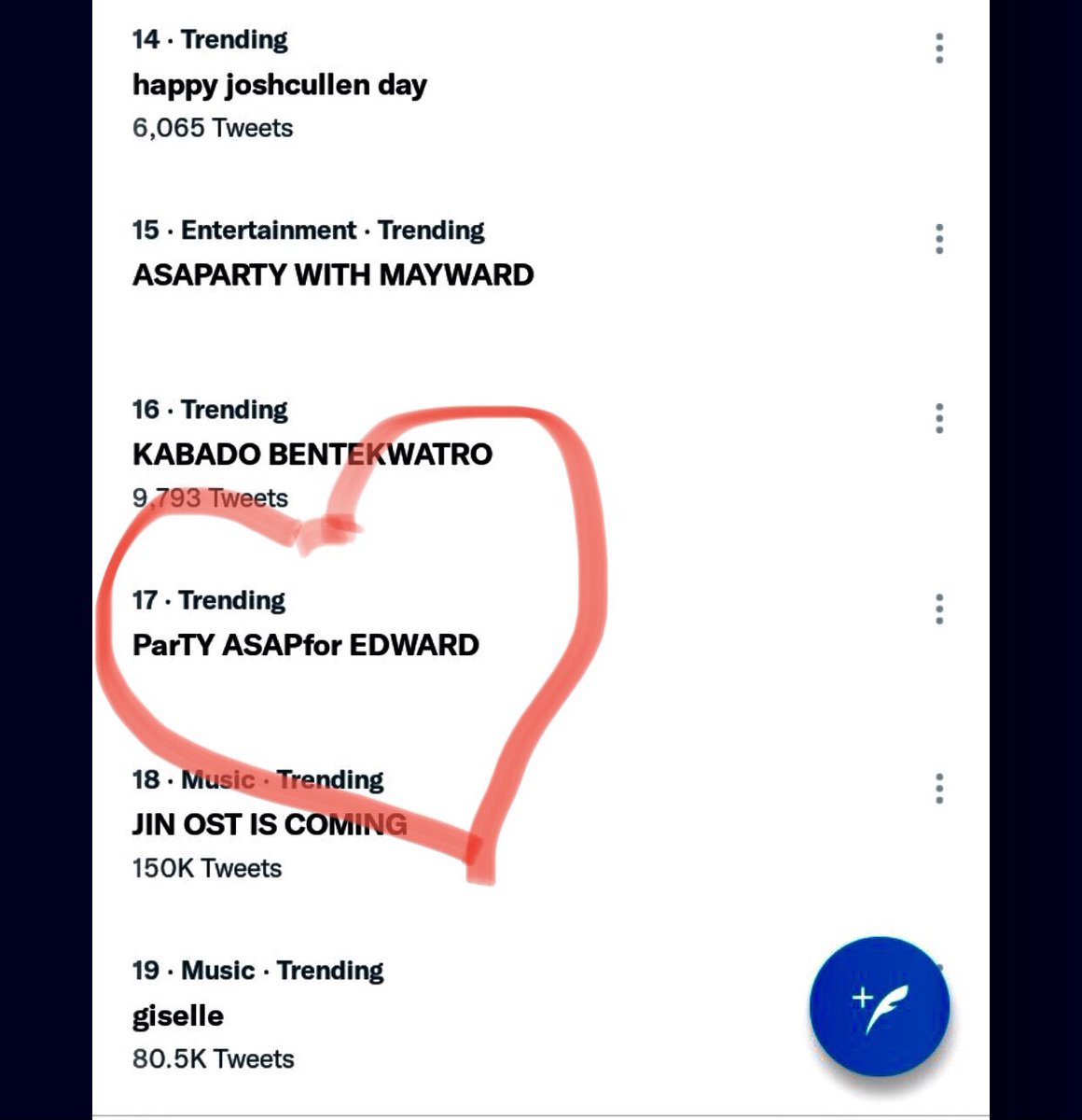 JanVic51359700's tweet photo. Yes! Our tag is trending at 17th spot! ParTY ASAPfor EDWARD 
@Barber_Edward_ 
#EdwardBarber  ⁦@ASAPOfficial⁩ https://t.co/sYST21V3YC