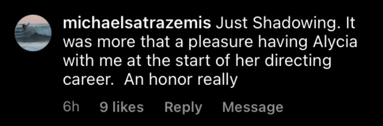 adcdaiIy's tweet photo. Michael Satrazemis left a comment on our Instagram post about Alycia shadowing him. That was so nice and kind, two talented working together. https://t.co/NISERNMfpG
