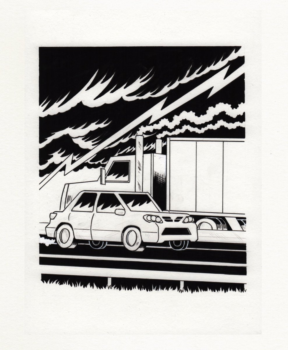 AndrewAvocado's tweet photo. “Driver” Comic in gouache and ink 
(1 of 3) #comic #gouache #cartooning https://t.co/J75nsChuzF