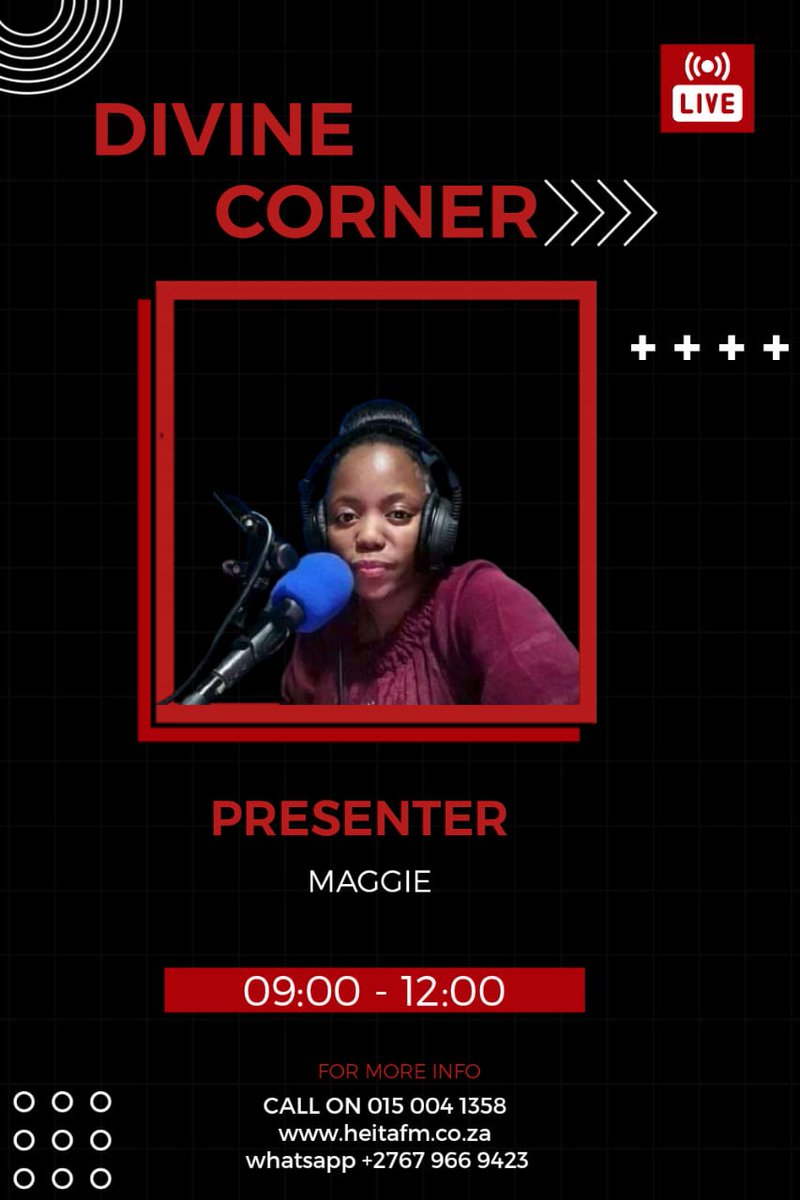 heitafm's tweet photo. Join the conversation with Maggie while talking to Refiloe Mocwa the fashion designer and Ntiyisi Mathebula an author and Miss Tern semi finalist on Divine Corner from 09:00 till 12:00.
#Heitafm
#DivineCorner
#Maggie
#RefiloeMocwa
#NtiyisiMathebula
#EverySundayMorning https://t.co/wIMDlh8MJ2