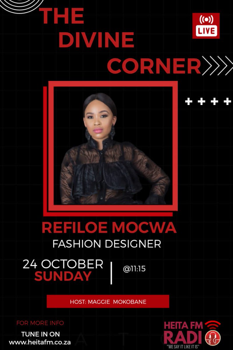 heitafm's tweet photo. Join the conversation with Maggie while talking to Refiloe Mocwa the fashion designer and Ntiyisi Mathebula an author and Miss Tern semi finalist on Divine Corner from 09:00 till 12:00.
#Heitafm
#DivineCorner
#Maggie
#RefiloeMocwa
#NtiyisiMathebula
#EverySundayMorning https://t.co/wIMDlh8MJ2