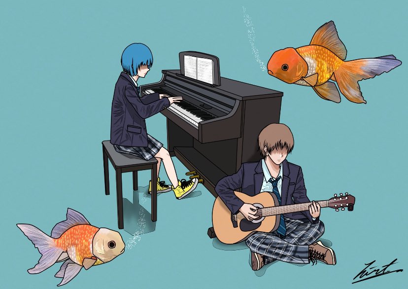 instrument playing instrument fish 1girl music yellow footwear 1boy  illustration images