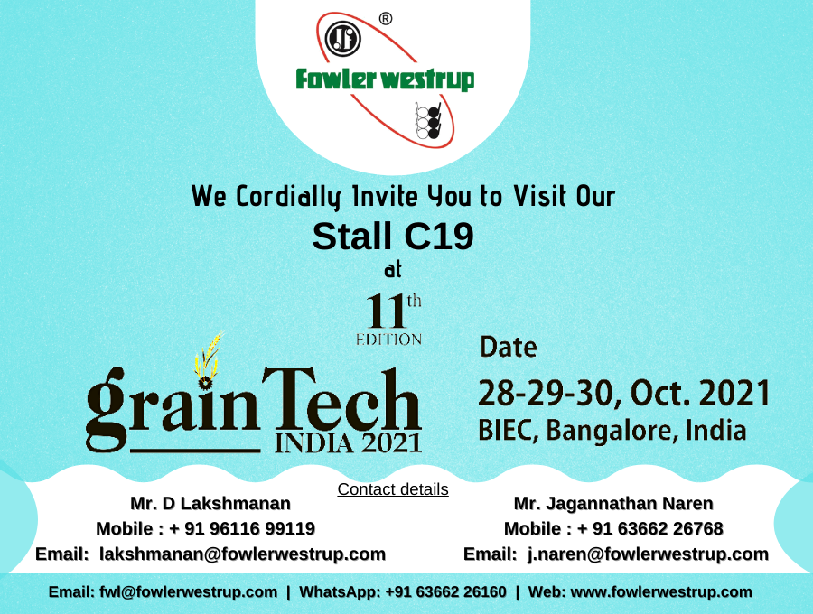 fowler_westrup's tweet photo. Fowler Westrup- We are Participating in Grain Tech India Expo being held at BIEC, Bangalore, India from 28th to 30th Oct 2021. we are Pleased to invite you to visit our stall @ Grain Tech India Expo 2021.
email: fwl@fowlerwestrup.com
#graintechexpo #graintechexpo2021 #grainexpo https://t.co/R8P8muB2jA