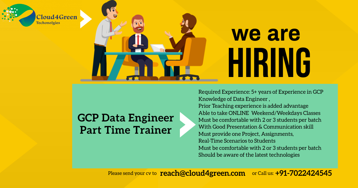 cloud4green's tweet image. We are Hiring GCP Data Engineer Online Part Time Trainer
#gcpdataengineer #gcpengineer