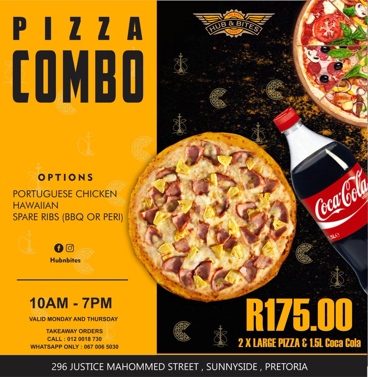 HubnBites's tweet photo. Monday - Thursday
PIZZA COMBO
Get 2 Large Pizza's &amp; a 1.5L Coca Cola for R175.00
Time: 10:30am till 7pm
#HubnBites
T&amp;C's apply https://t.co/X2oBDaeu0B