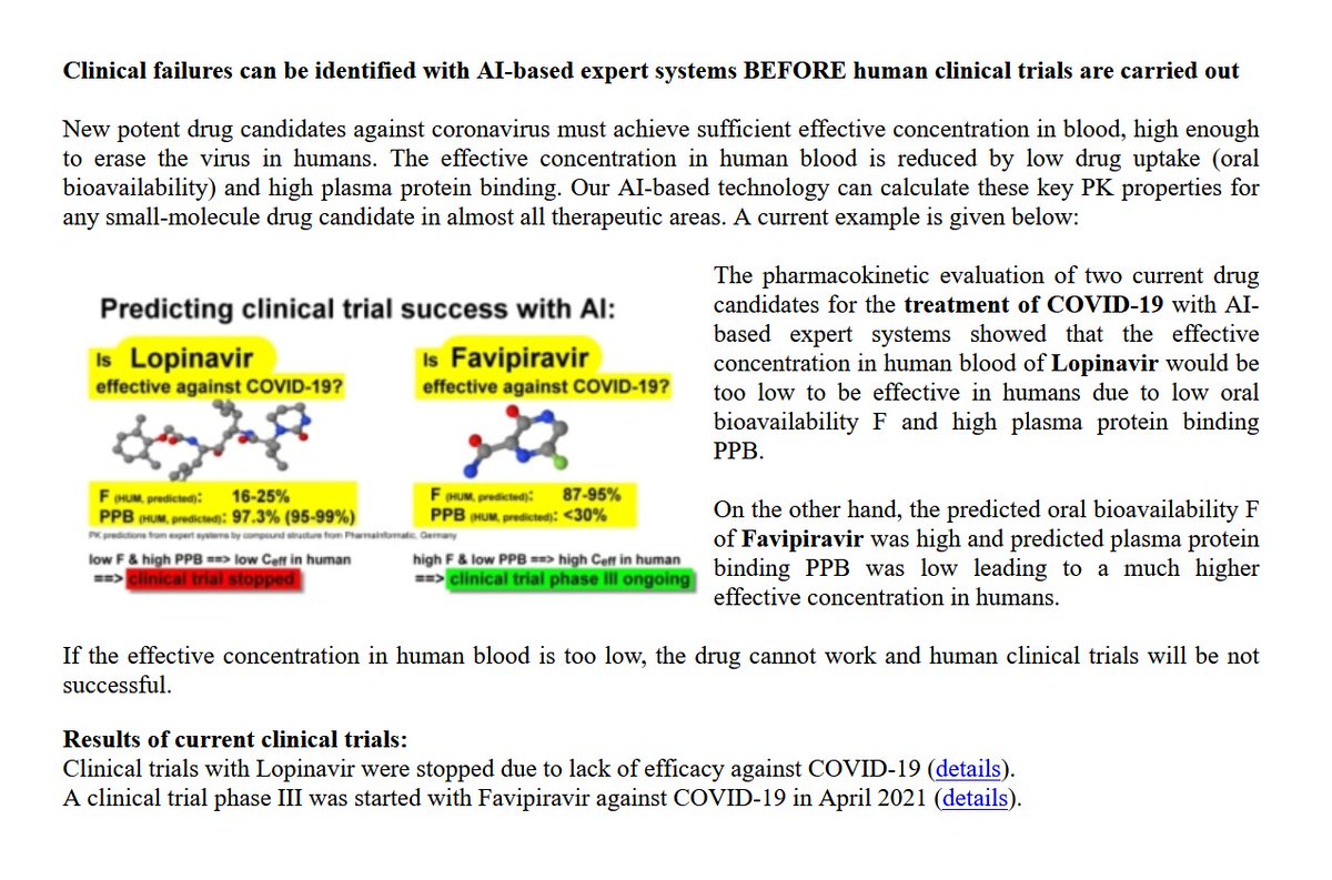 #KünstlicheIntelligenz prognostiziert Misserfolg von #Medikamenten VOR klinischen Studien bei #COVID19:
Bsp: #Lopinavir vs #Favipiravir
pharmainformatic.com
#Expertensysteme berechnen effektive #Arzneimittel Konzentration im Menschen.
#Innovation #KI #Medizin #Forschung #Viren