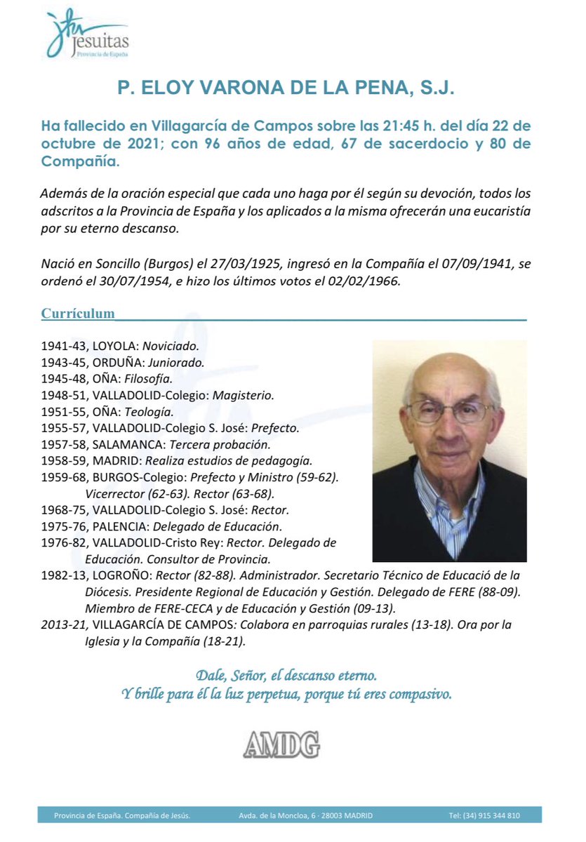 Hoy recordamos y agradecemos la vida de Eloy Varona sj, que fue rector en Cristo Rey. DEP 🙏 <a href="/JesuitasESP/">Compañía de Jesús</a>