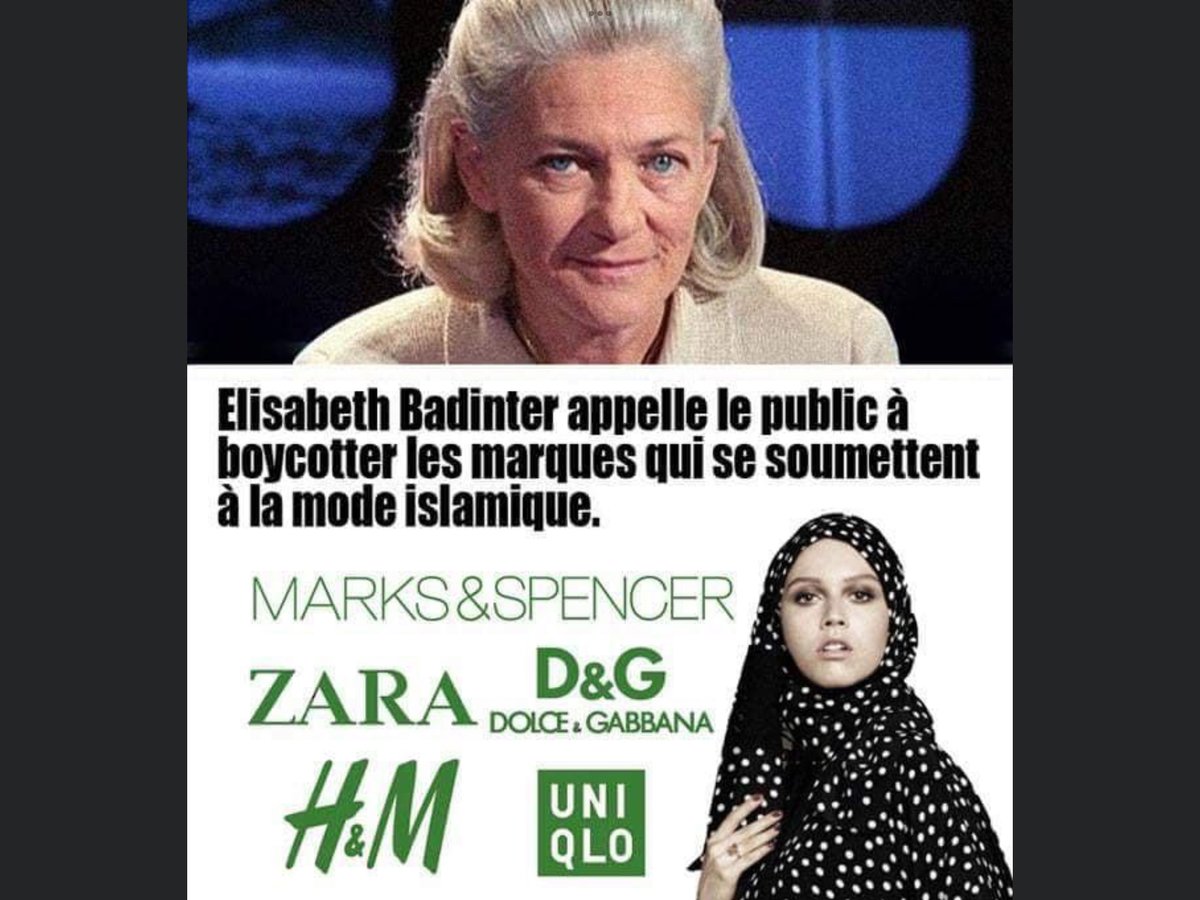 erayeye's tweet photo. Elisabeth Badinter appelle le public à boycotter les marques qui se soumettent à la mode islamique https://t.co/sNKBxng6zO