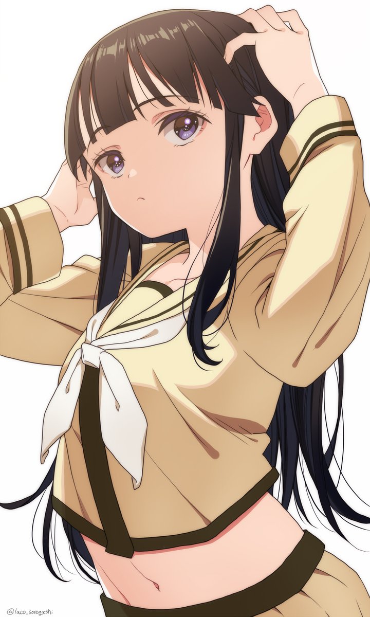 kitakami (kancolle) 1girl solo long hair black hair school uniform serafuku simple background  illustration images
