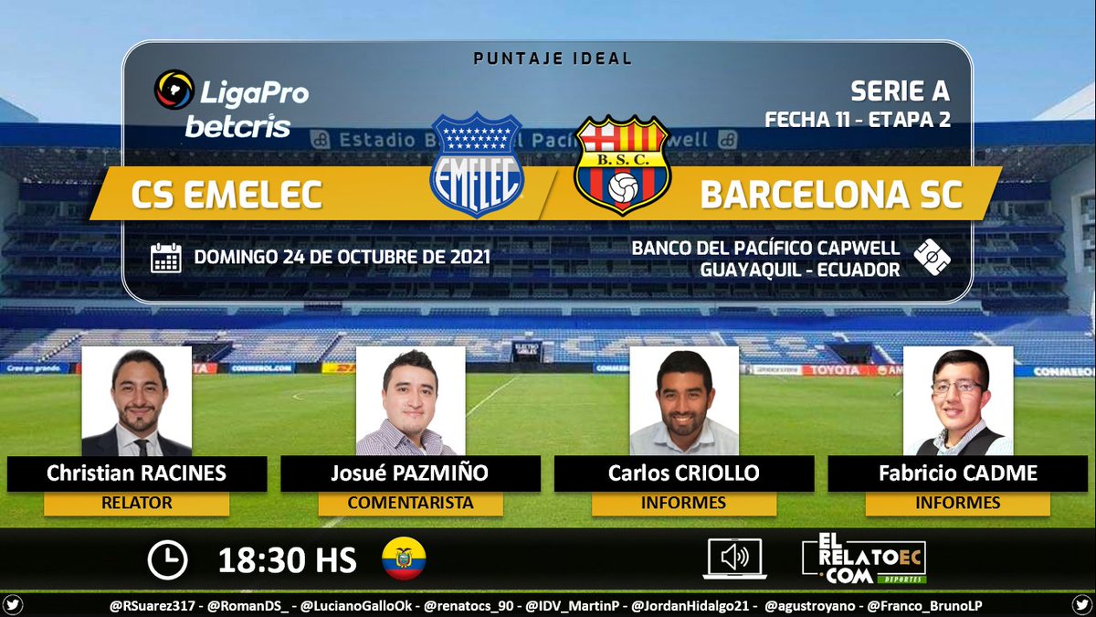 PuntajeIdealEC's tweet photo. ⚽ #LigaProBetcris 🇪🇨 | @CSEmelec vs. @BarcelonaSC
🎙 Relator: @CRacines
🎙 Comentarista: @JosuePF89
📋 Informes: @CarlosCriolloE - @CadmeAndres
💻📱 #ElRelatoEc 🔉🎧 (Formato Radio)
YT: https://t.co/dpSuvz2CDb
FB: https://t.co/c7zUGnkqjg
Dale RT 🔃 https://t.co/4CsmFjNNmu