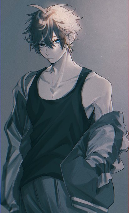 アニメキャラクター イラスト 青色タンクトップ タルタリア(原神) 「描いた〜!!!! 黒タンクトップのタルに夢を見てる