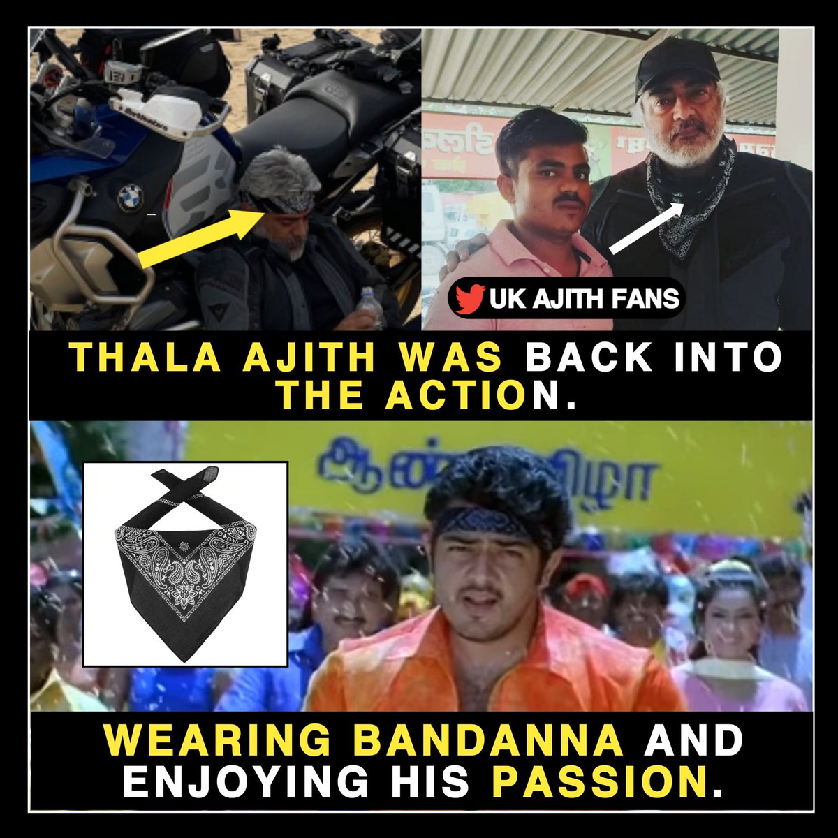 Ajithfrance_'s tweet photo. THALA Has Own Way, Vintage Bandanna Style Is Back In action..❤🔥

#உலகம்சுற்றும்_தலஅஜித் #Valimai | #AjithKumar. https://t.co/5l2puAZ0h3