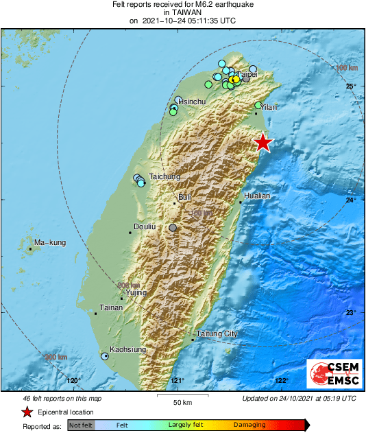 LastQuake's tweet photo. M6.2 #earthquake (#地震) strikes 67 km SE of #Taipei (Chinese #Taipei) 8 min ago. Effects reported by eyewitnesses: https://t.co/fMVN6WzTA1