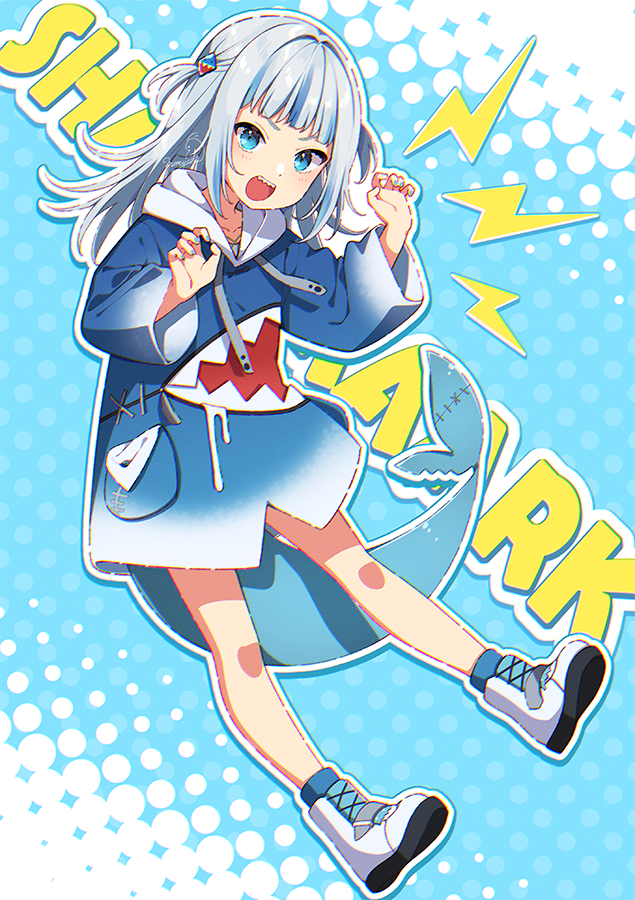 gawr gura 1girl solo teeth sharp teeth blue eyes grey hair hood  illustration images