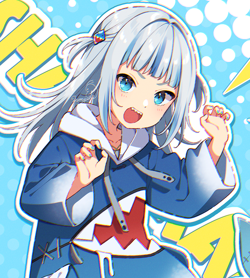 gawr gura 1girl solo teeth sharp teeth blue eyes grey hair hood  illustration images