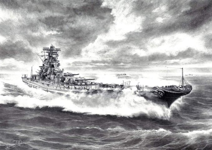 77年前の本日、捷一号作戦中のシブヤン海海戦で、帝国海軍最後の戦艦であった「武藏」が、米艦載機群の波状攻撃を受け戦没しました。戦いで散華された英霊たちに心より哀悼の誠を捧げます。作品は武蔵一宮氷川神社に奉納した #鉛筆画「鋼鉄の浮城-戦艦 武藏 2604-」です。
#鉛筆艦船画 #菅野泰紀 