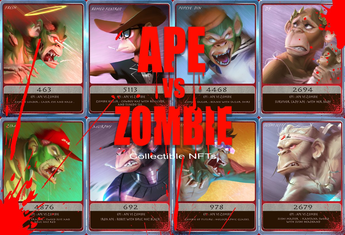 Full cards set are on <a href="/opensea/">OpenSea</a> now!!
collectible APE cards : EP1 APE vs ZOMBIE
opensea.io/collection/ape…

Snapshot on 10/31/2021 for exclusive NFTs full scene.