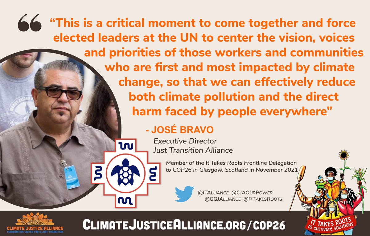 jtalliance's tweet photo. At #COP26Glasgow frontline workers & community organizers will force world leaders to abandon corporate schemes, i.e., #netzero & embrace #justtransition strategies that prioritize workers & communities of color. @JTAlliance @cfjwj @cjaourpower @ItTakesRoots https://t.co/Ts5yTcSCPl