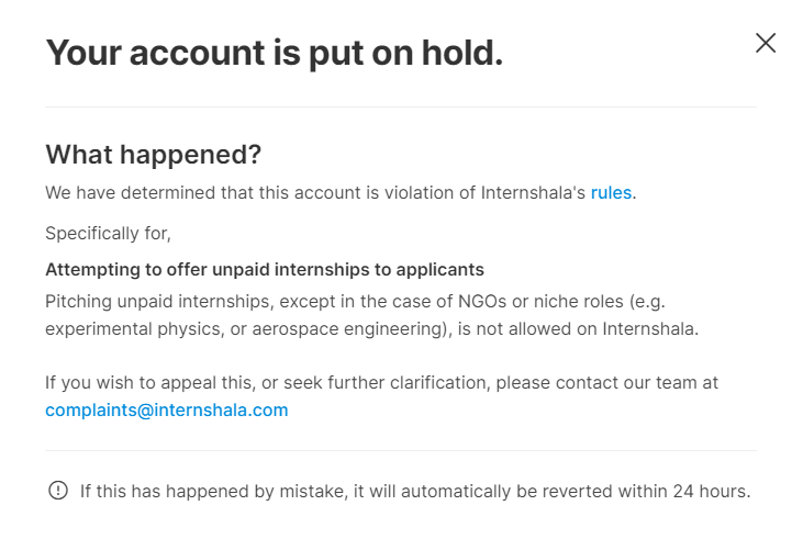 gupptaaaaa's tweet photo. @Internshala this is such a terrible experience, we've been hiring for months and have provided the NGO documents multiple times already. I have no understanding of your rules and how you'll decide to block recruiter accounts without any checks. By volunteer@freepadsforindia.org https://t.co/mP4n9lArij