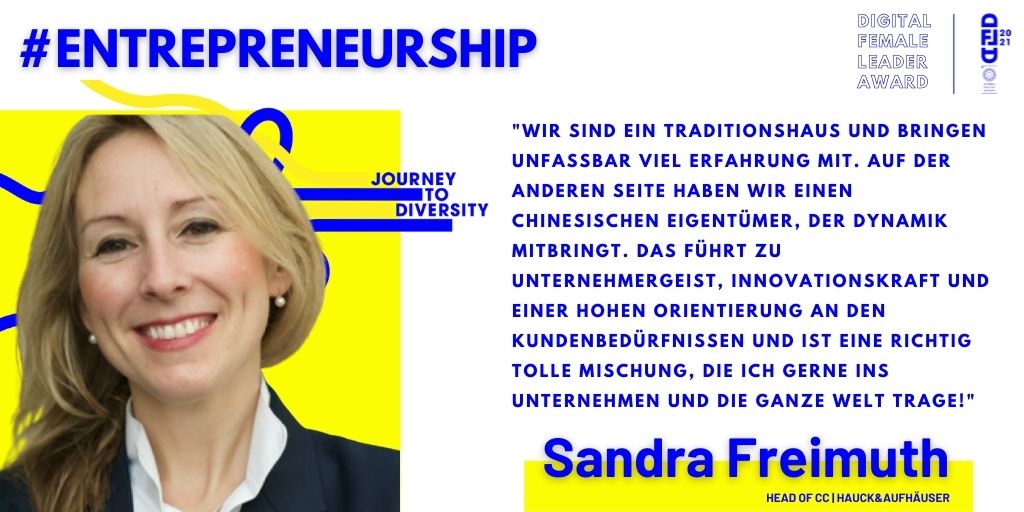 In der Kategorie #Entrepreneurship präsentieren wir #Frauen, die #Digitalisierung aktiv gestalten. Sandra Freimuth, Head of Corporate Communications bei Hauck &amp; Aufhäuser erzählt uns, wo unterschiedliche #Kulturen &amp; #Mindsets zusammengekommen: lnkd.in/dXNxyqh4

#DFLA21