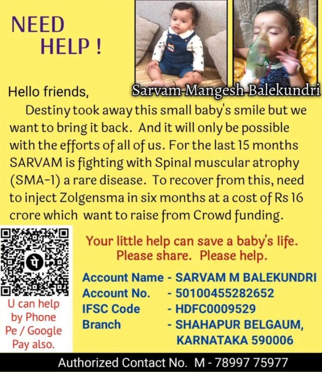 kishormarathe77's tweet photo. Sarvam is from belagum  is fighting with rare disease (sma) like ayan's from mumbai, he also needs financial help pls help how much u can.
@Riteishd
@dasadarshan
@SrBachchan
@PMOIndia
@HMOIndia
@CMofKarnataka

#save_sarvam https://t.co/F59irRCnmA https://t.co/sOUMt0JQ7d