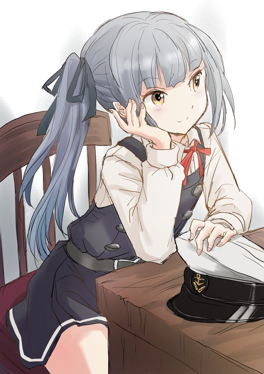 kasumi (kancolle) ,kasumi kai ni (kancolle) 1girl side ponytail grey hair ribbon pinafore dress long hair solo  illustration images