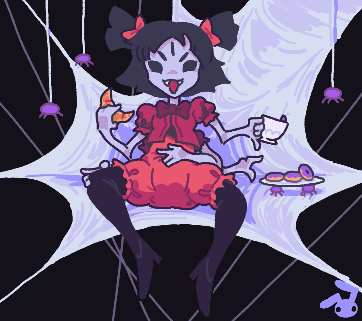 Muffet from Undertale all pampered up and enjoying some baked spider goods
