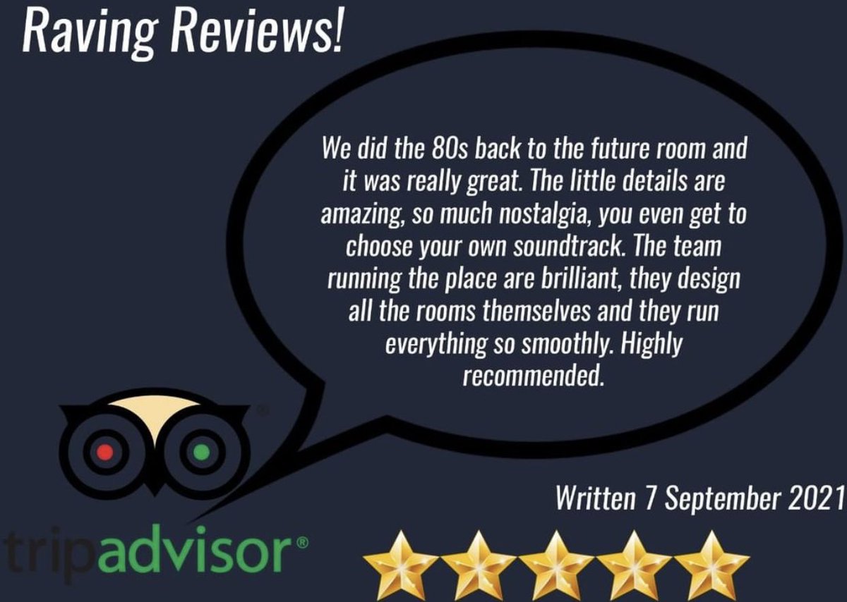 AgentBrainsEG's tweet photo. 😁 Raving Reviews! 😁
⭐️⭐️⭐️⭐️⭐️
What a great review for our 80's room 👾
.
.
.
.
#AgentBrains #escaperoom #escapegame #experience #sharedexperience #playtogether #playwithfriends #playwithfamily #loveescaperooms #escaperoomgame #freetimeactivity #hertfordshireescaperooms https://t.co/uF8bUkGmwv