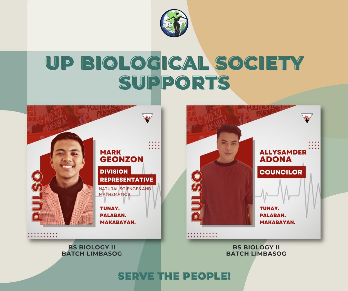 UPVTC BIOSOC SUPPORTS BIOLOGY STUDENTS RUNNING FOR STUDENT COUNCIL

These student leaders promise to fight for the rights of students:

Mark Geonzon for DNSM Representative 
Allysamder Adona for Councilor 

#UPVTCBioSoc 
#AghamParaSaMasa 
#ServeThePeople 
#LigtasNaBalikEskwela