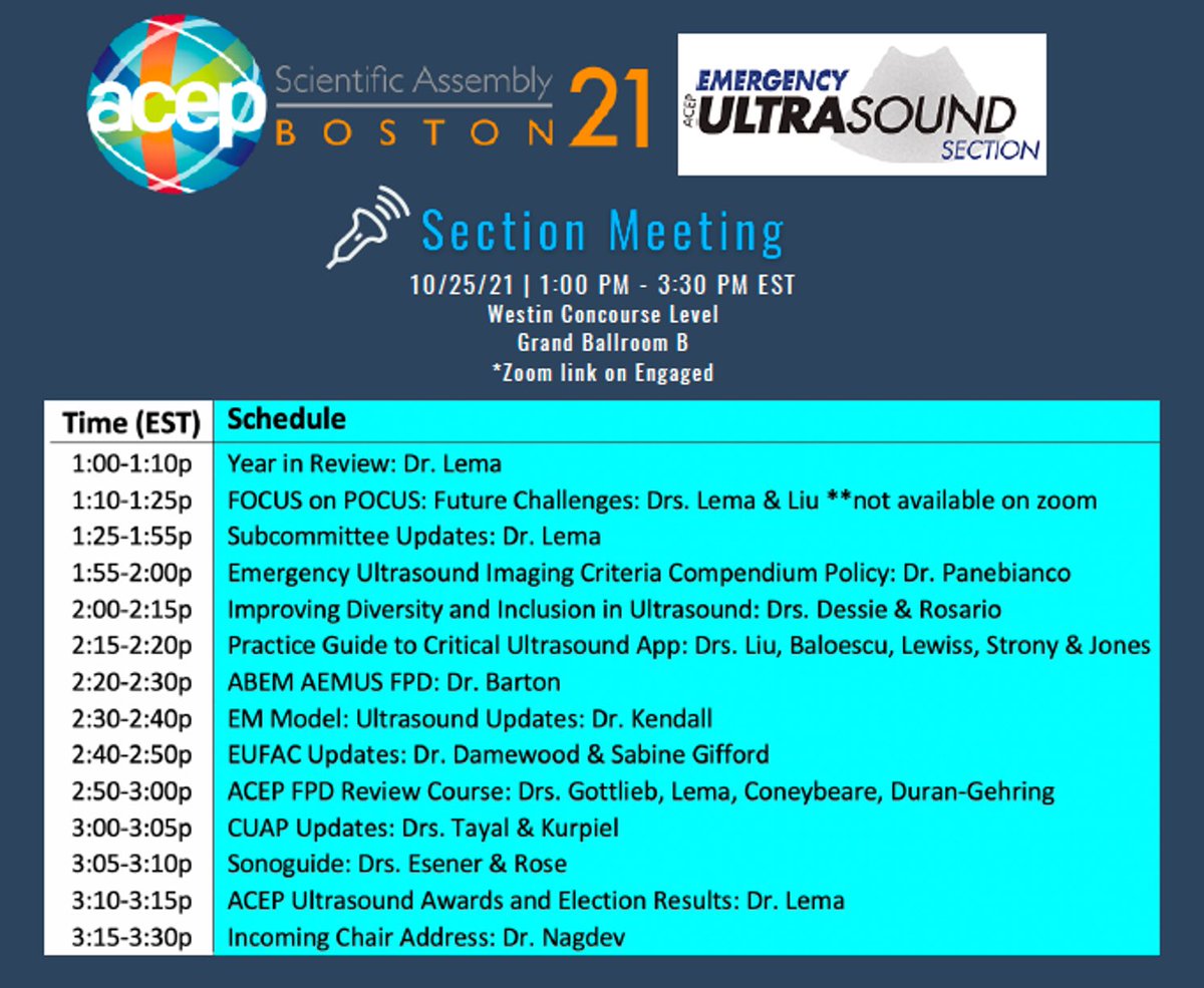 ACEP_EUS's tweet photo. Agenda for our #ACEP21 Section meeting 10/25 1p-3:30p EST! Get ready for many exciting #POCUS updates! We can’t wait to see you all there! @ACEPNow @PennyLema @NagdevArun
**More highlights to come from @judylin422’s #ACEPeus Roadmap to keep you updated on events this week! https://t.co/oJRWZQ7xH1