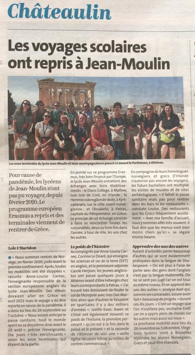 LifelongMindfu1's tweet photo. Great article @LeTelegramme today 🙏 🇬🇷🇪🇺🇳🇴🇨🇵Yes we have had great time visiting Greece Cultural Heritage of Europe with our #ErasmusPlus partners @edd_acrennes @acrennes #Euroclass @ArsakDhmPatras @lourennemo @lebaledo @EUErasmusPlus @eTwinningEurope https://t.co/Uno4zjAqsA